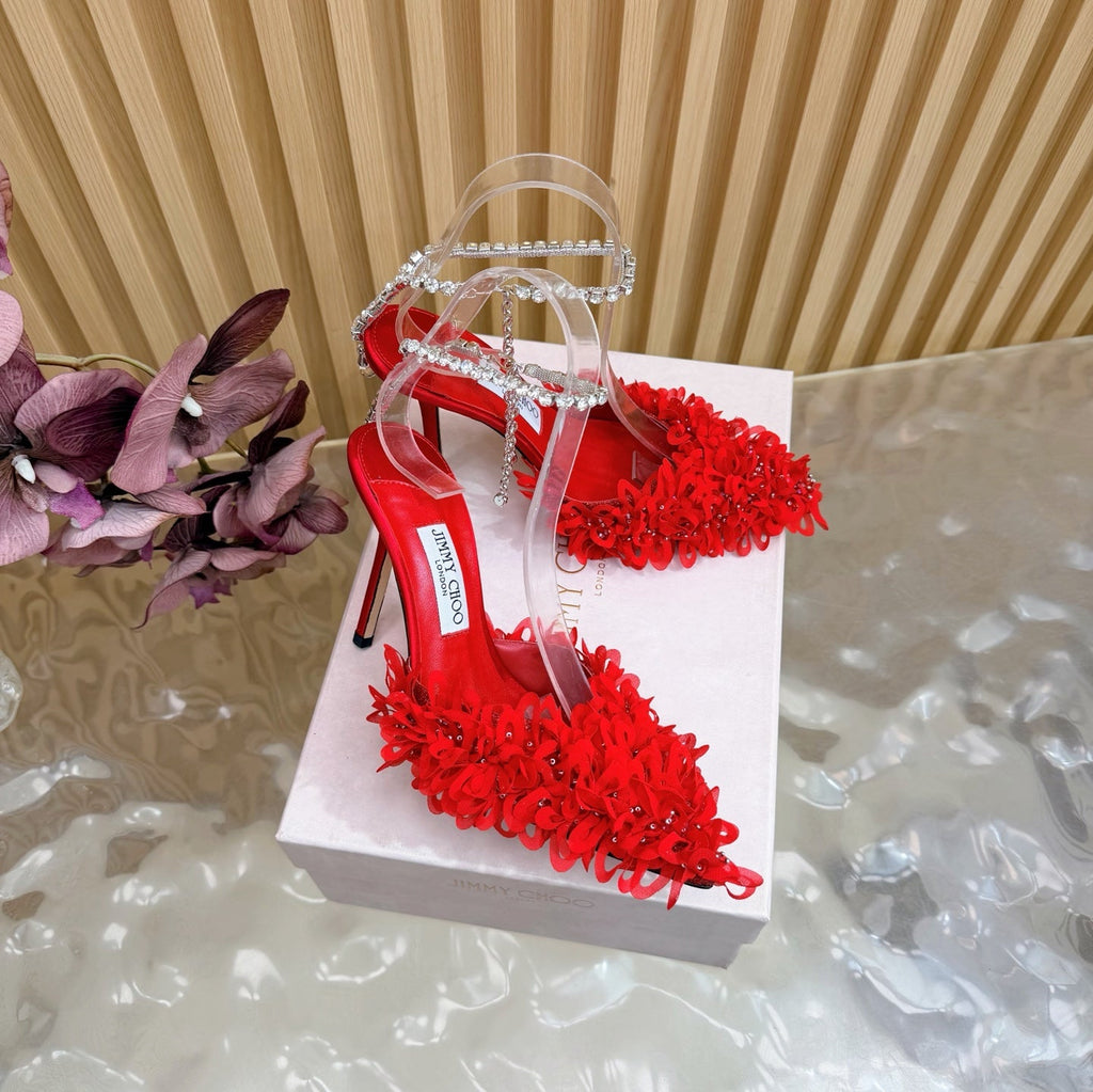 JIMMY CHOO 26S HIGH HEELS 100 MM IN RED FABRIC AND LAMBSKIN CRYSTAL STRAPS