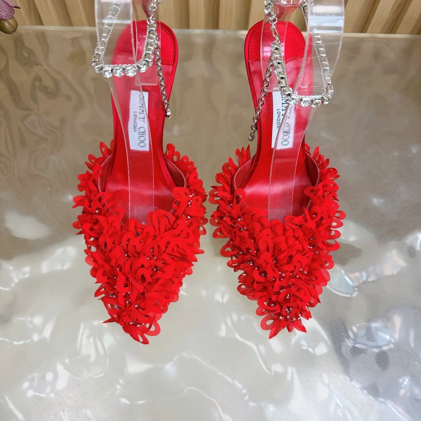 JIMMY CHOO 26S HIGH HEELS 100 MM IN RED FABRIC AND LAMBSKIN CRYSTAL STRAPS
