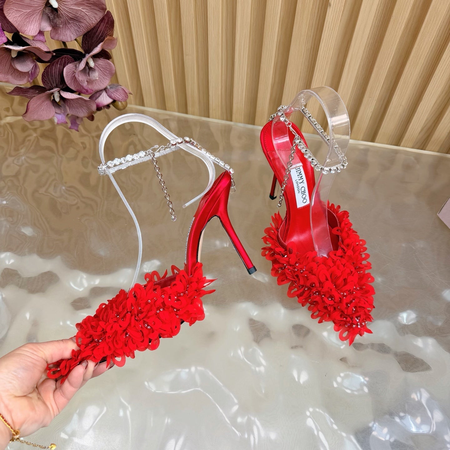 JIMMY CHOO 26S HIGH HEELS 100 MM IN RED FABRIC AND LAMBSKIN CRYSTAL STRAPS
