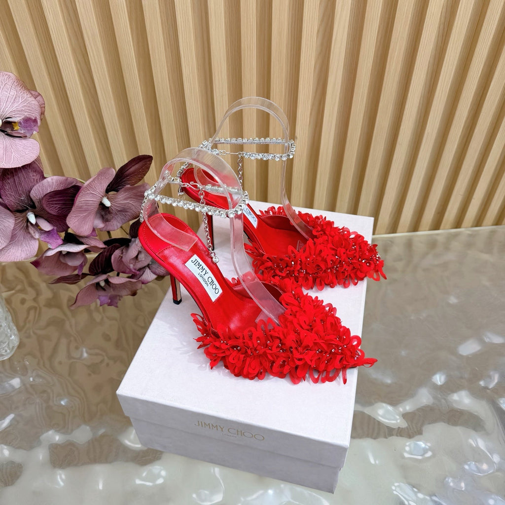JIMMY CHOO 26S HIGH HEELS 100 MM IN RED FABRIC AND LAMBSKIN CRYSTAL STRAPS
