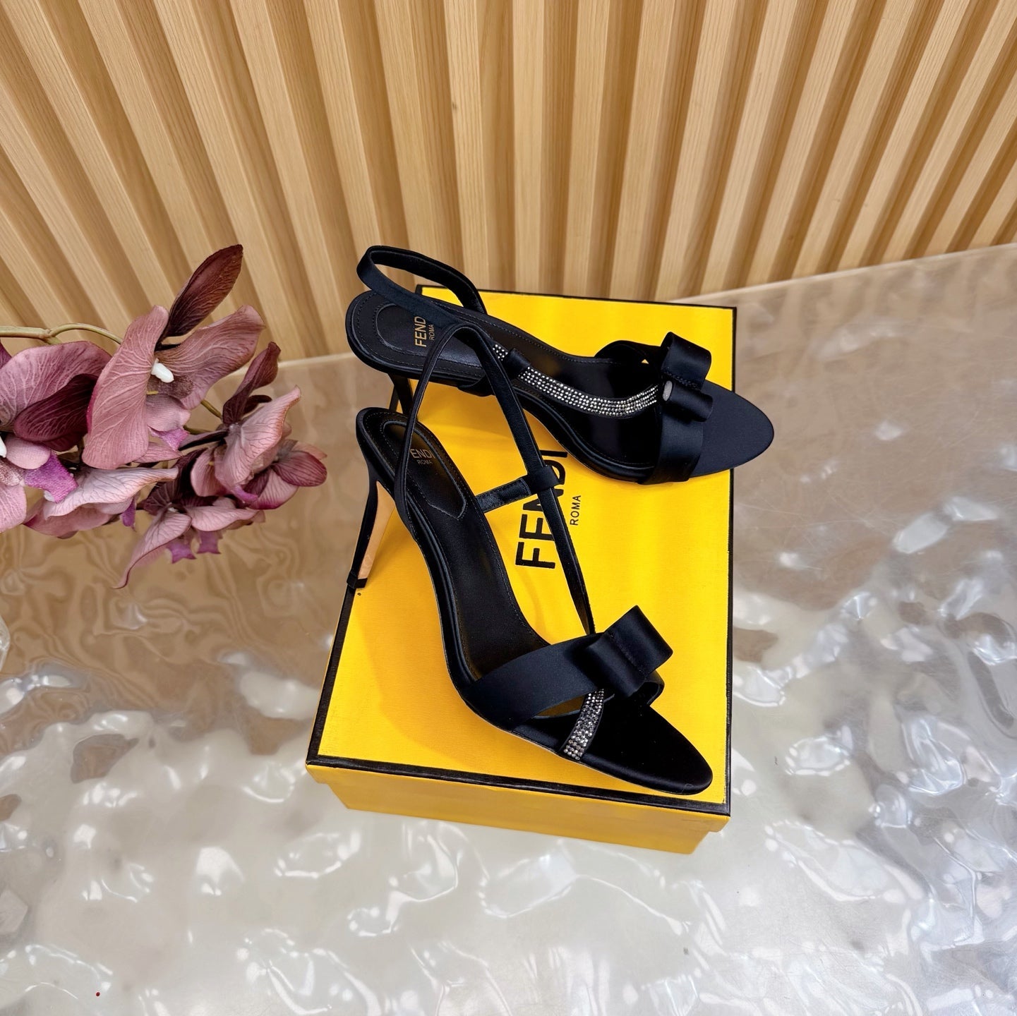 FENDI 26S HIGH-HEELED SANDALS 90 MM IN BLACK SATIN