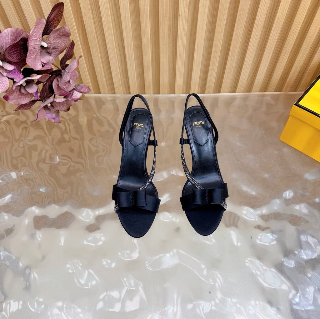 FENDI 26S HIGH-HEELED SANDALS 90 MM IN BLACK SATIN