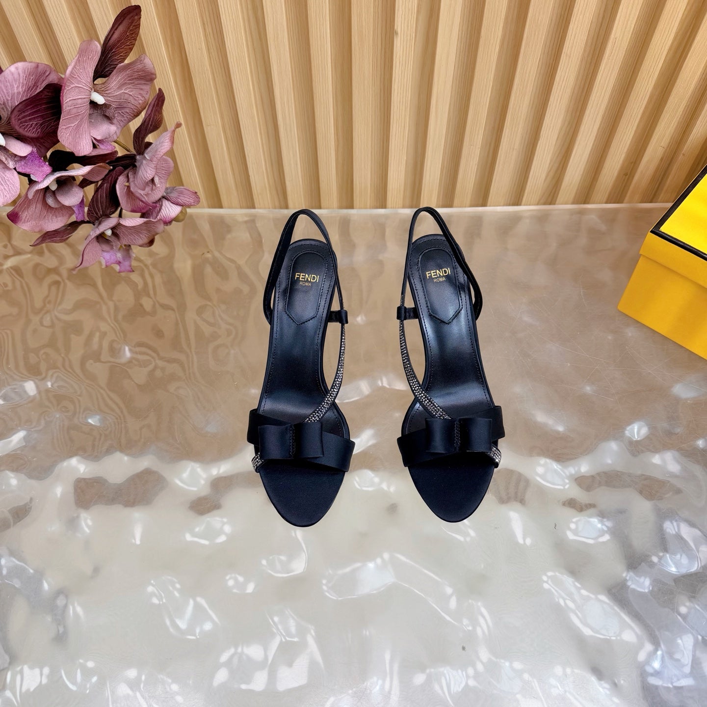 FENDI 26S HIGH-HEELED SANDALS 90 MM IN BLACK SATIN