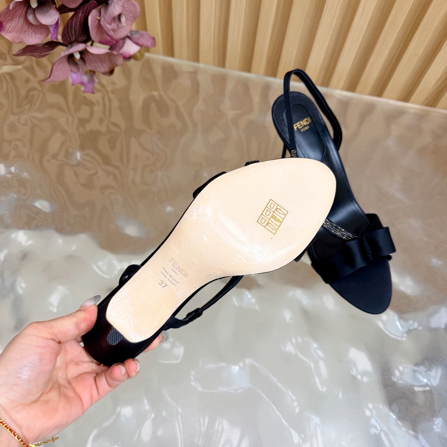 FENDI 26S HIGH-HEELED SANDALS 90 MM IN BLACK SATIN