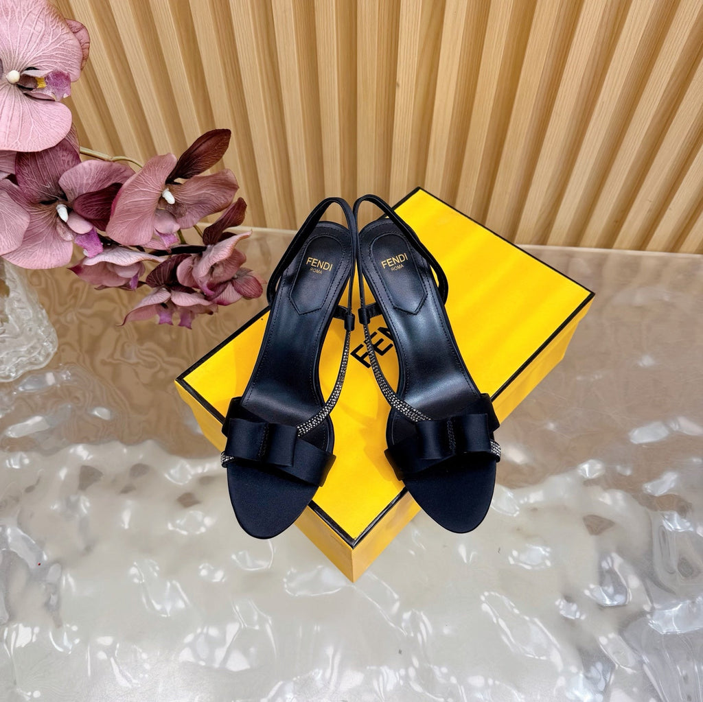 FENDI 26S HIGH-HEELED SANDALS 90 MM IN BLACK SATIN