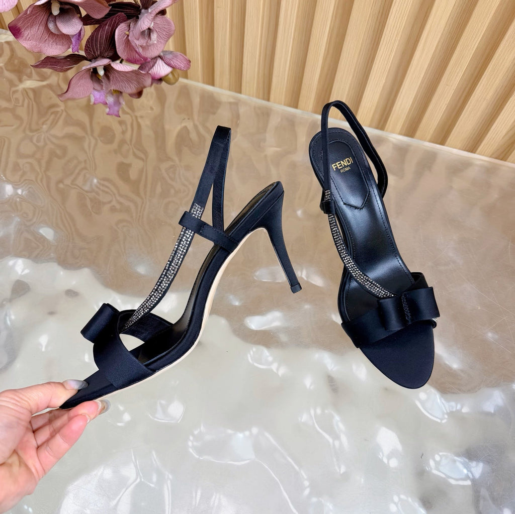 FENDI 26S HIGH-HEELED SANDALS 90 MM IN BLACK SATIN