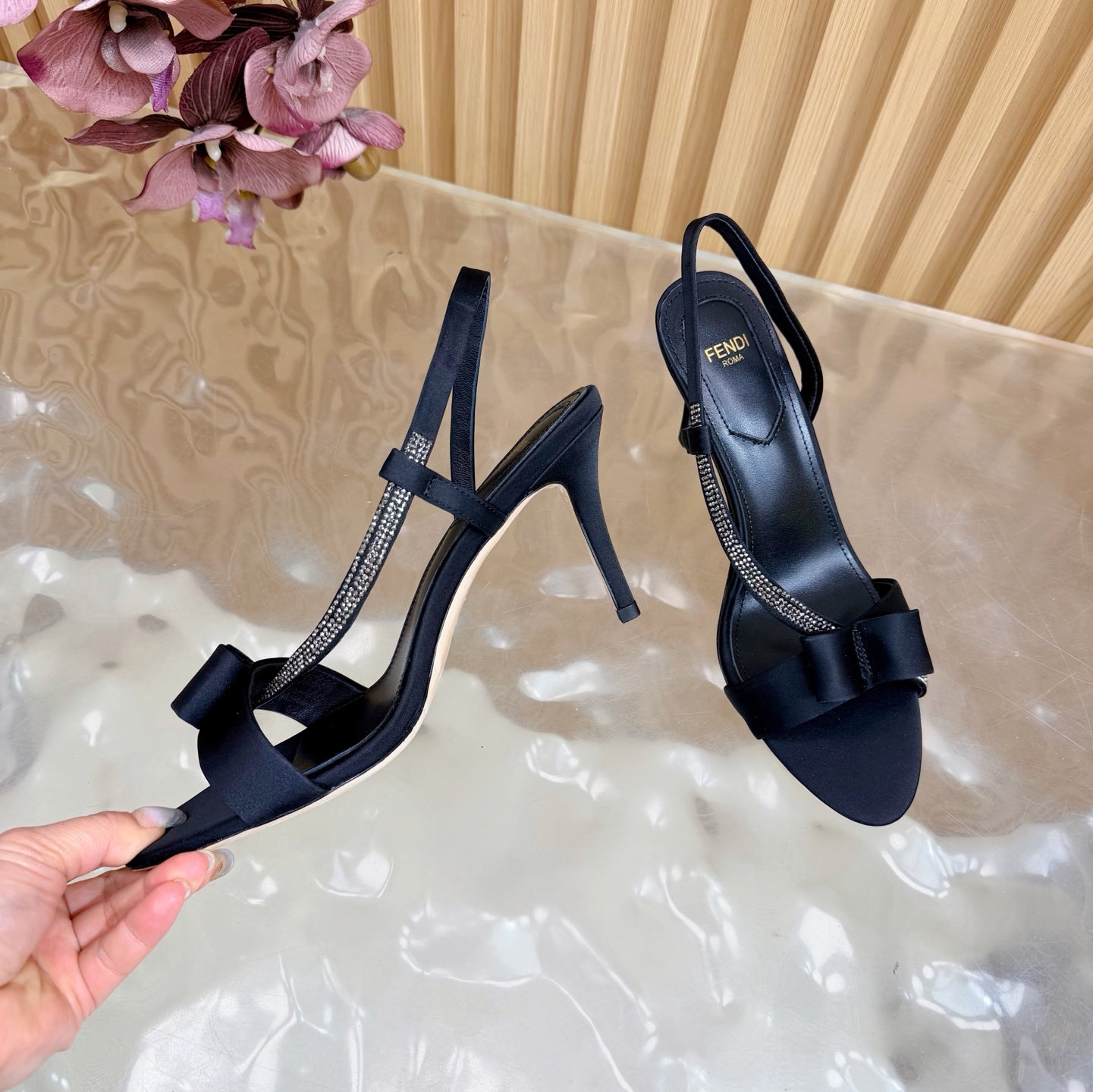FENDI 26S HIGH-HEELED SANDALS 90 MM IN BLACK SATIN