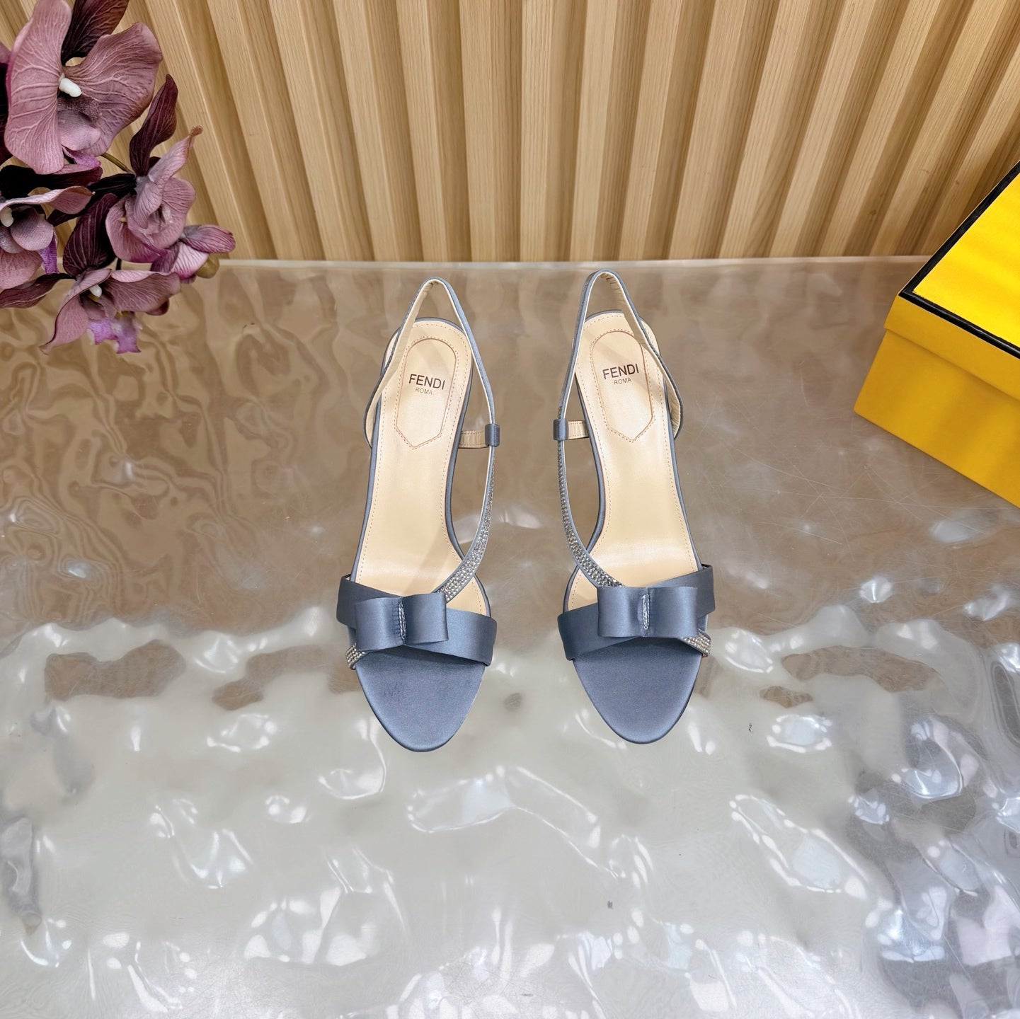 FENDI 26S HIGH-HEELED SANDALS 90 MM IN SOFT CORNFLOWER BLUE SATIN