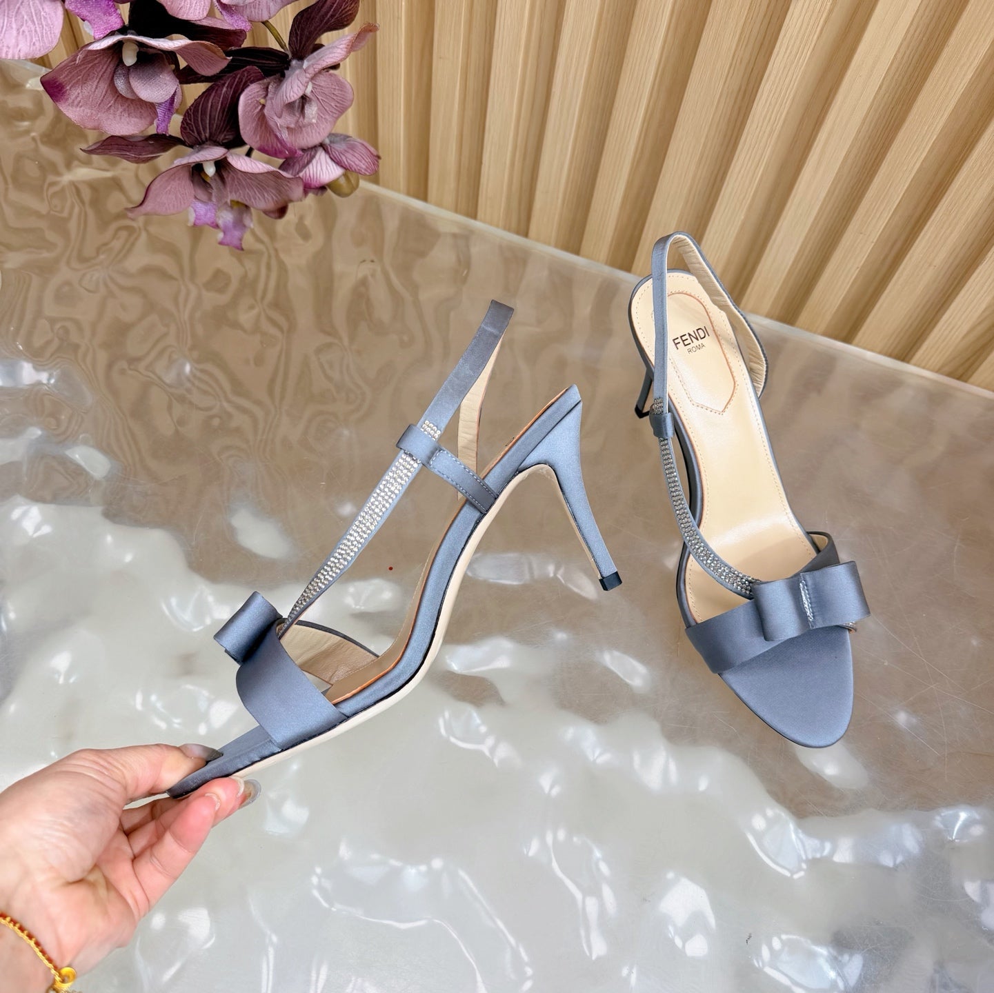 FENDI 26S HIGH-HEELED SANDALS 90 MM IN SOFT CORNFLOWER BLUE SATIN