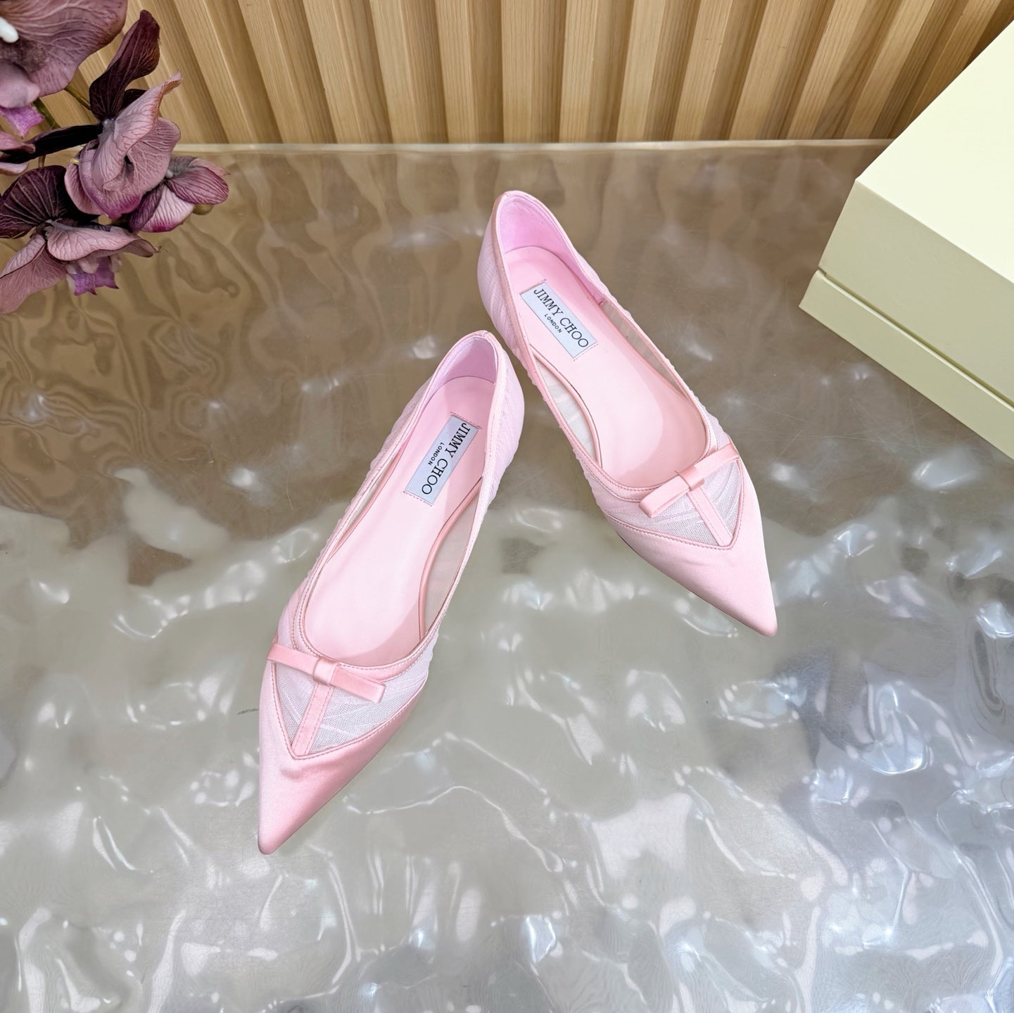 JIMMY CHOO 26S FLATS IN LIGHT PINK MESH AND SATIN