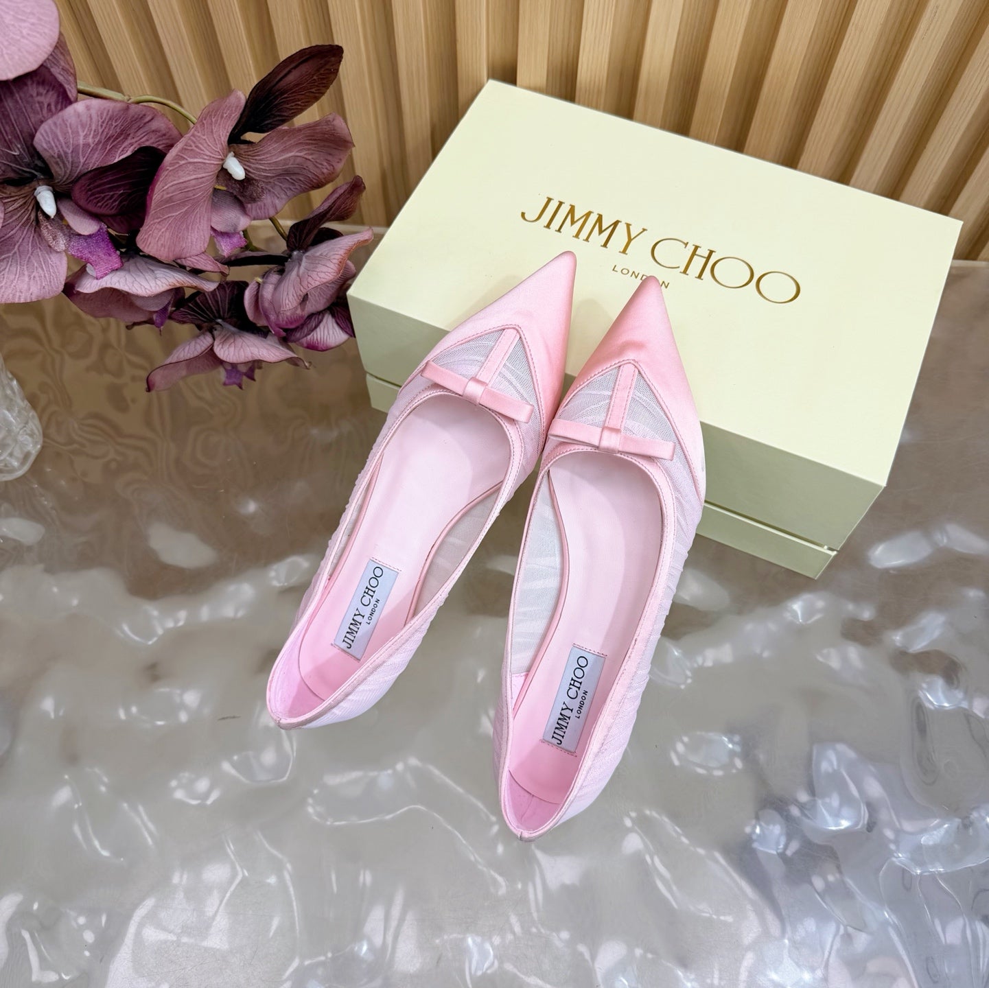JIMMY CHOO 26S FLATS IN LIGHT PINK MESH AND SATIN
