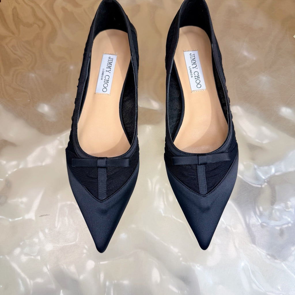 JIMMY CHOO 26S FLATS IN BLACK MESH AND SATIN