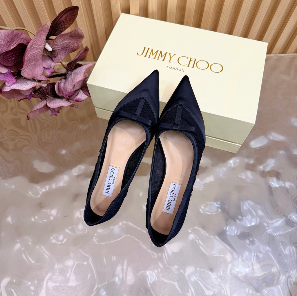JIMMY CHOO 26S FLATS IN BLACK MESH AND SATIN