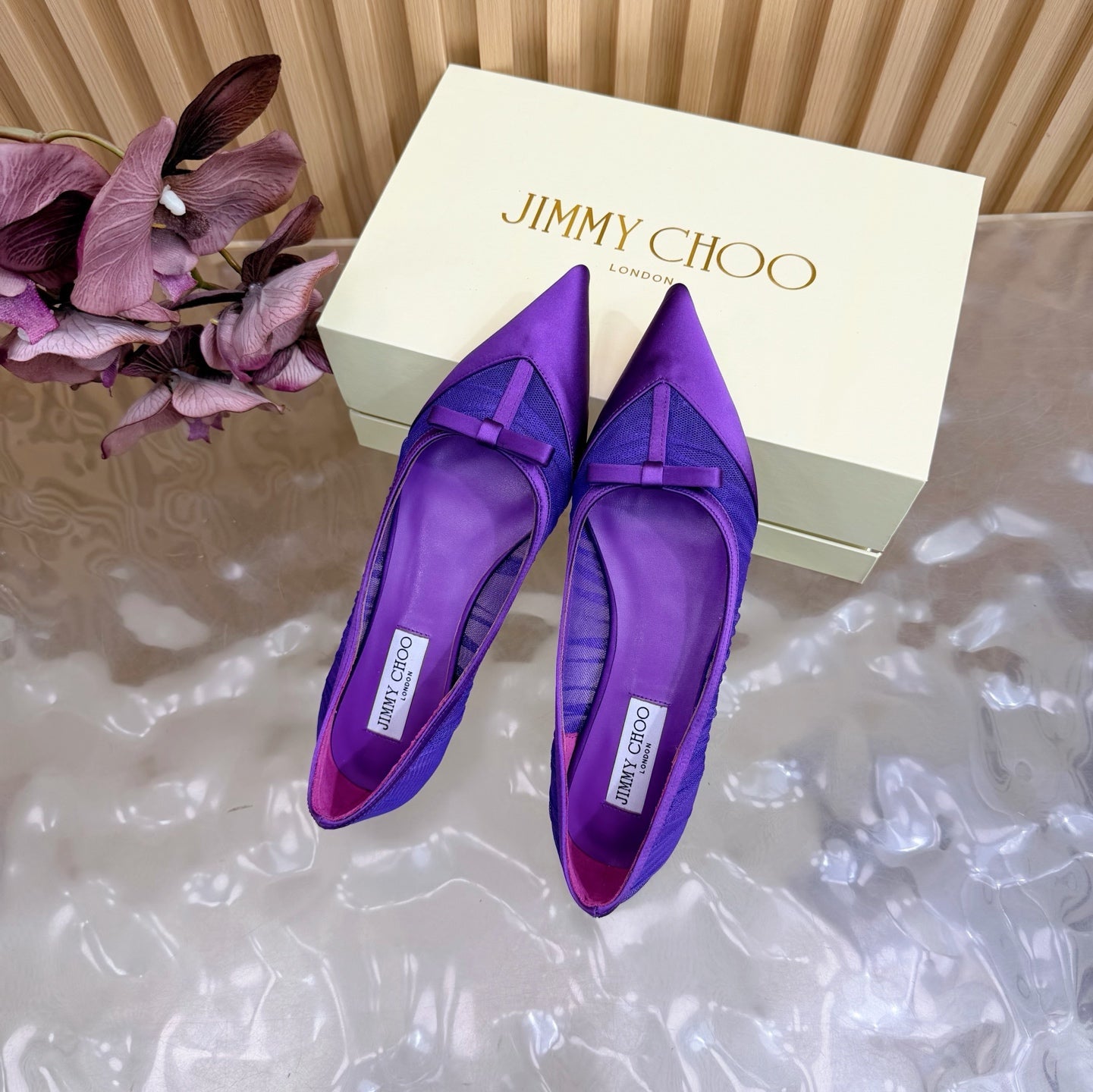 JIMMY CHOO 26S FLATS IN DARK PURPLE LACE AND SATIN