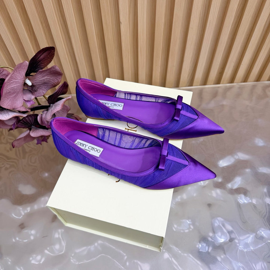 JIMMY CHOO 26S FLATS IN DARK PURPLE LACE AND SATIN