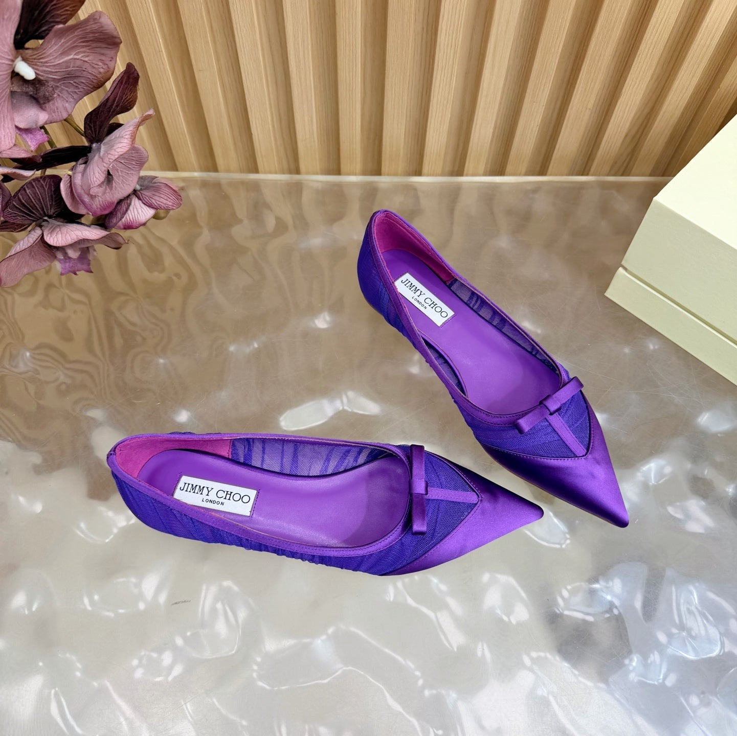 JIMMY CHOO 26S FLATS IN DARK PURPLE LACE AND SATIN