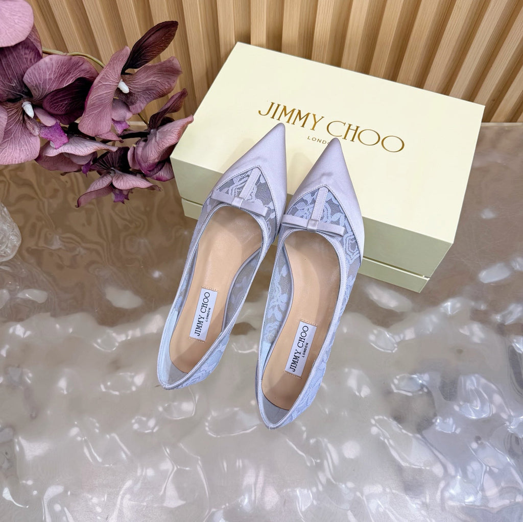 JIMMY CHOO 26S FLATS IN PASTEL BLUE LACE AND SATIN