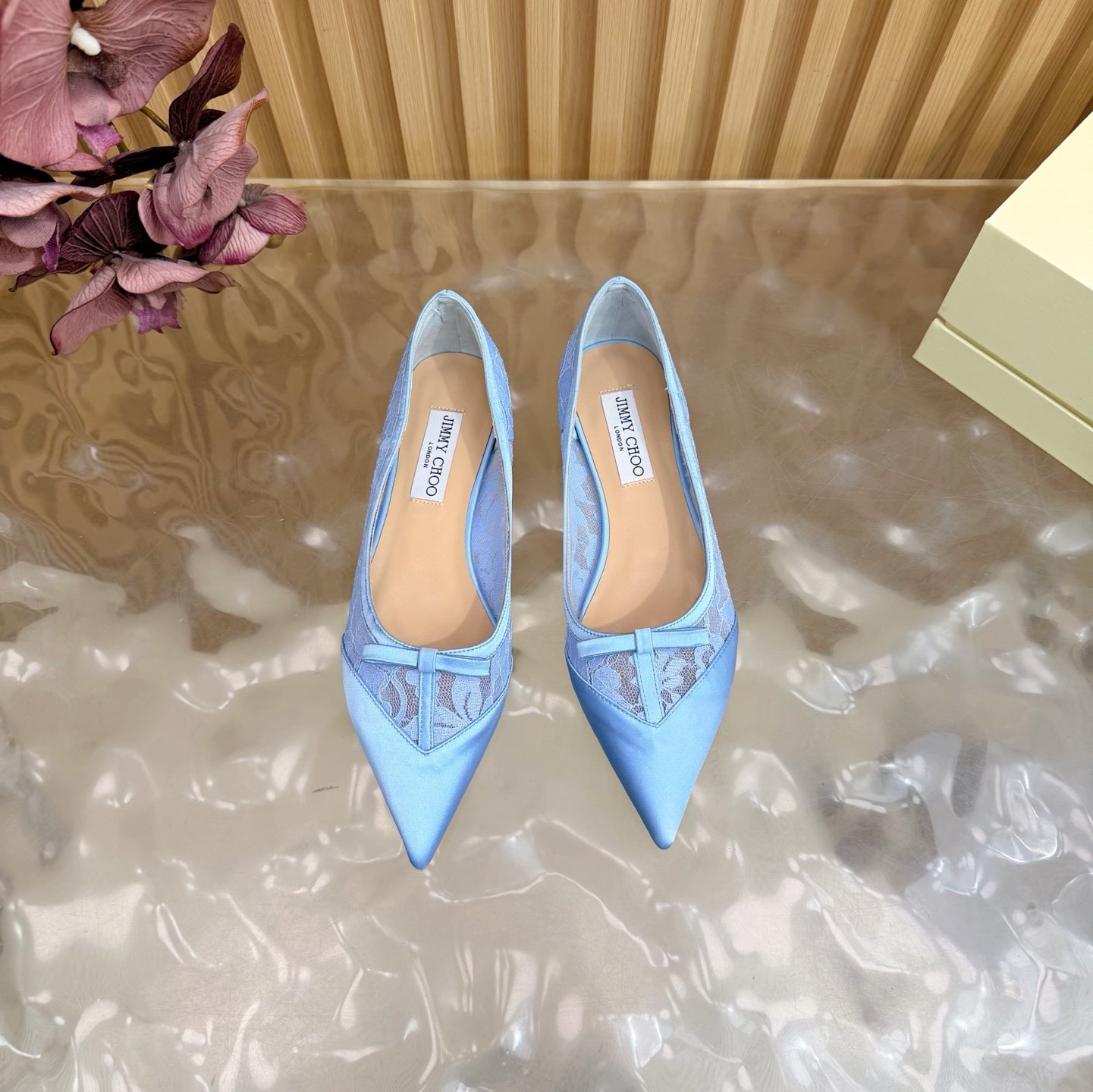 JIMMY CHOO 26S FLATS IN SKY BLUE LACE AND SATIN
