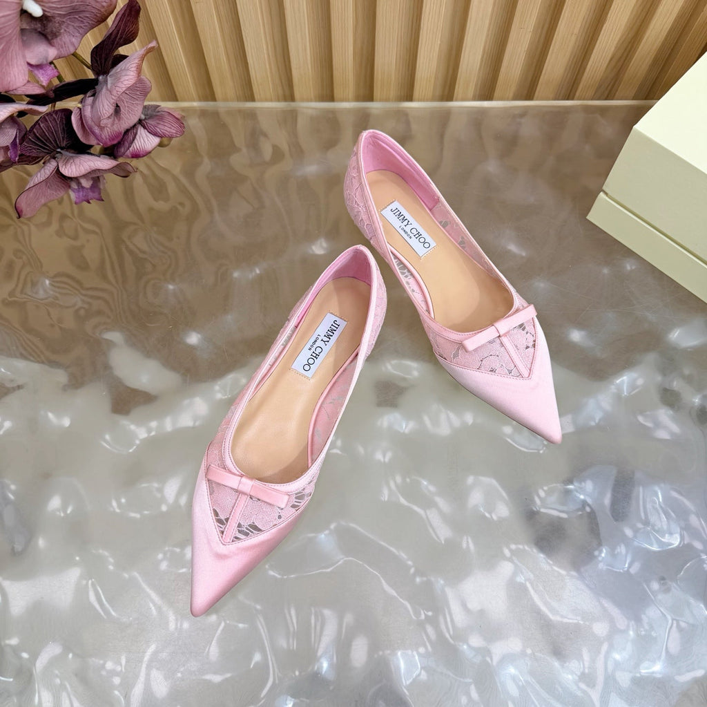 JIMMY CHOO 26S FLATS IN LIGHT PINK LACE AND SATIN