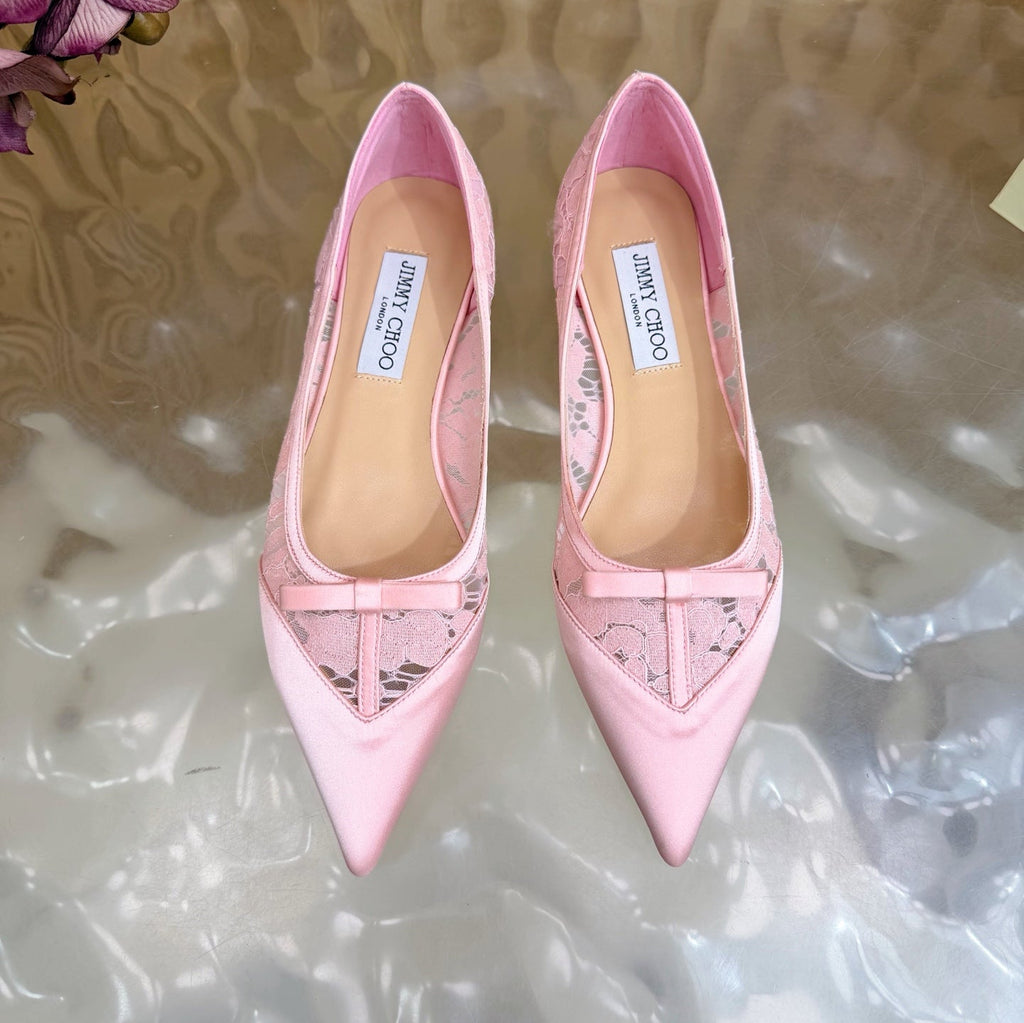 JIMMY CHOO 26S FLATS IN LIGHT PINK LACE AND SATIN