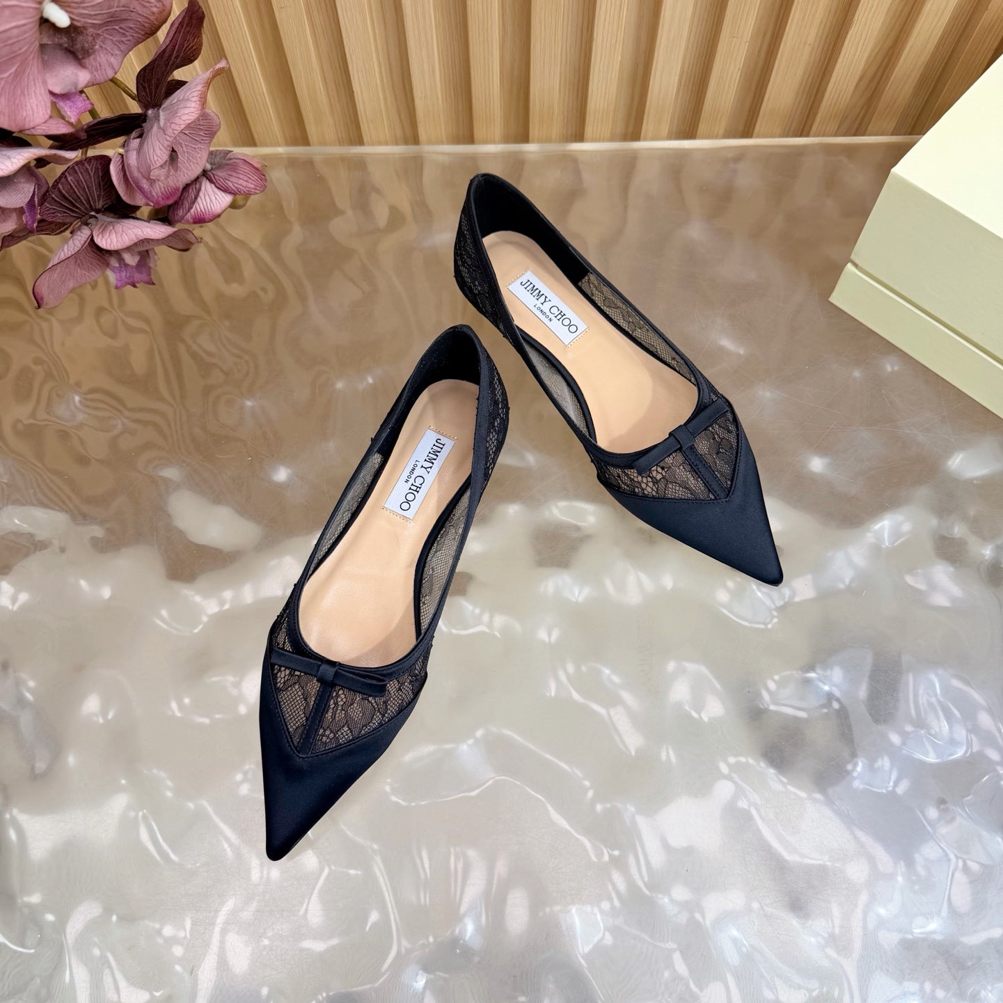 JIMMY CHOO 26S FLATS IN BLACK LACE AND SATIN