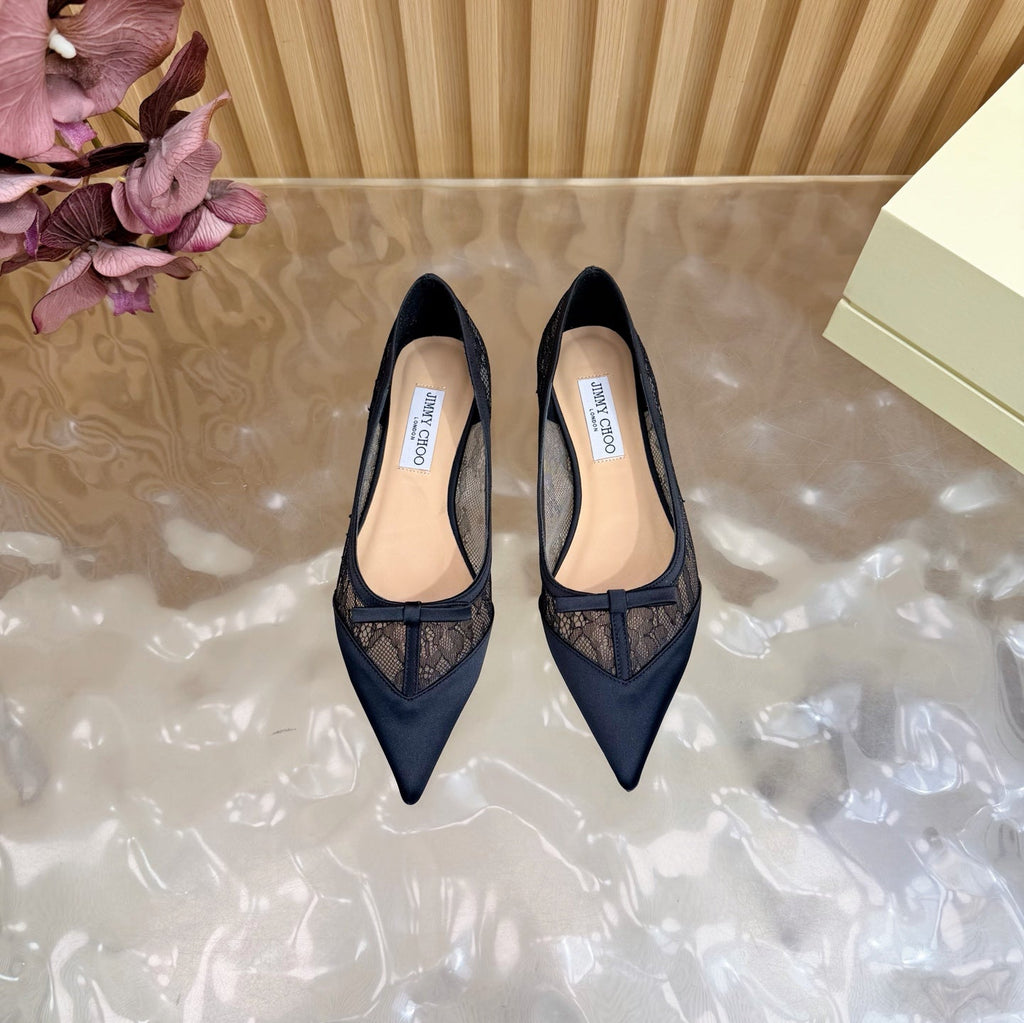 JIMMY CHOO 26S FLATS IN BLACK LACE AND SATIN