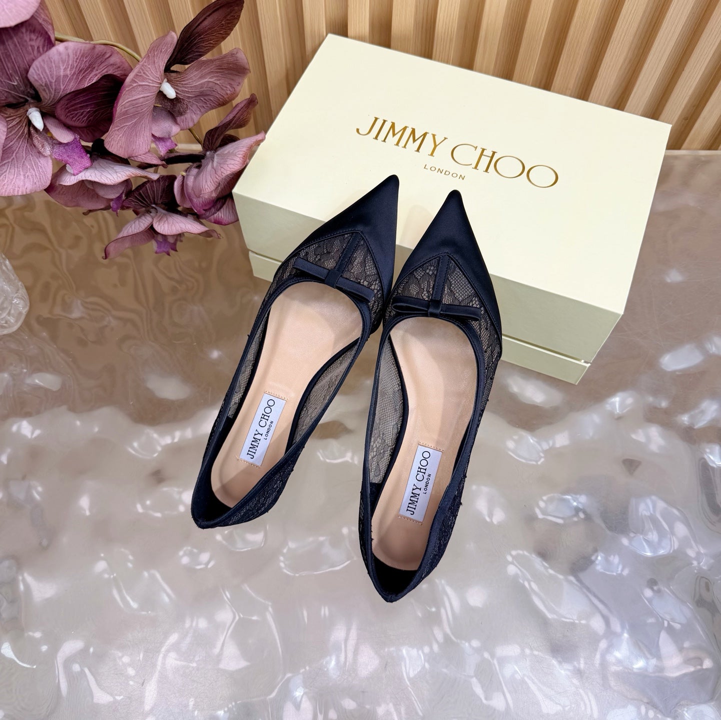 JIMMY CHOO 26S FLATS IN BLACK LACE AND SATIN