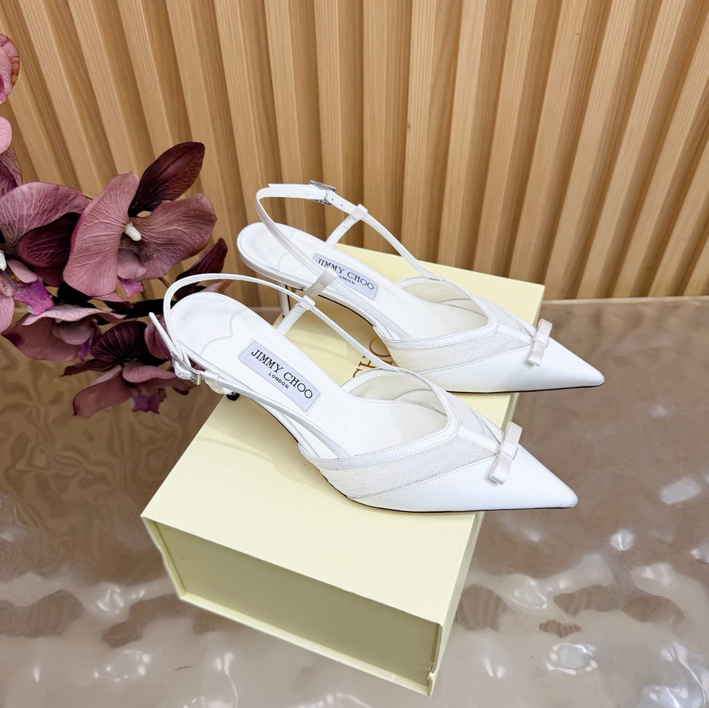JIMMY CHOO 26S SLINGBACK HEELS 65 MM IN WHITE MESH AND SATIN