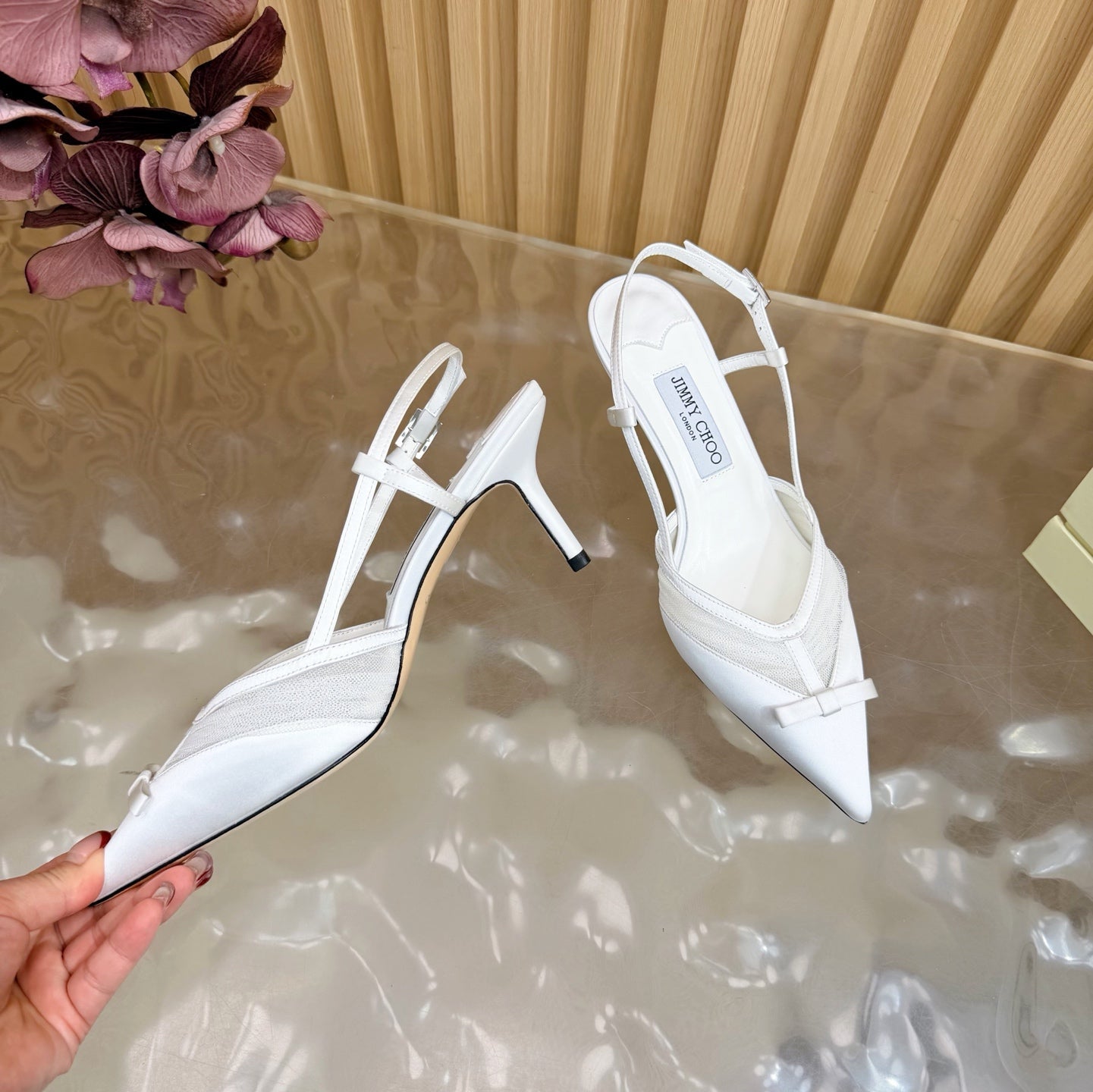 JIMMY CHOO 26S SLINGBACK HEELS 65 MM IN WHITE MESH AND SATIN