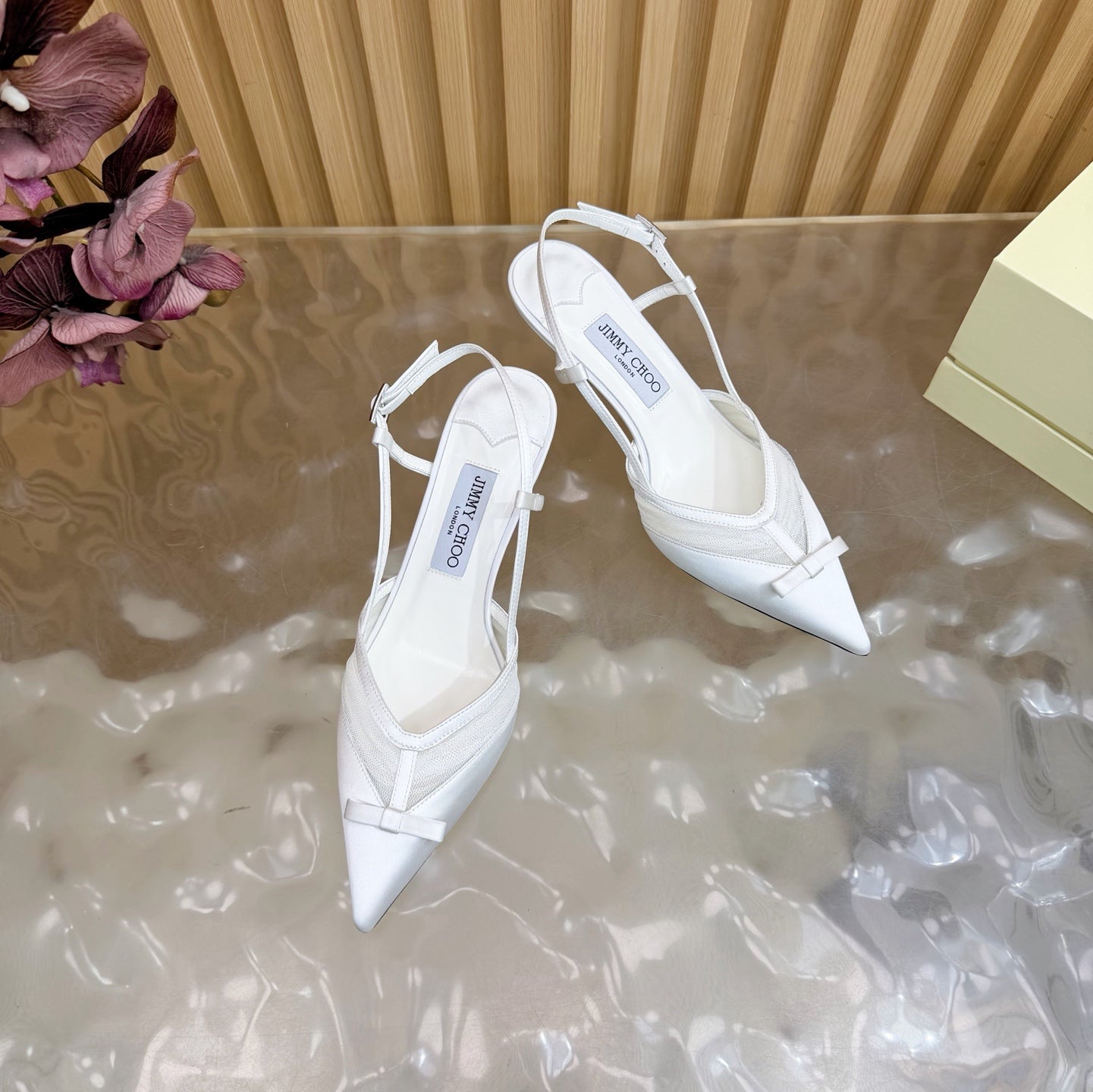 JIMMY CHOO 26S SLINGBACK HEELS 65 MM IN WHITE MESH AND SATIN