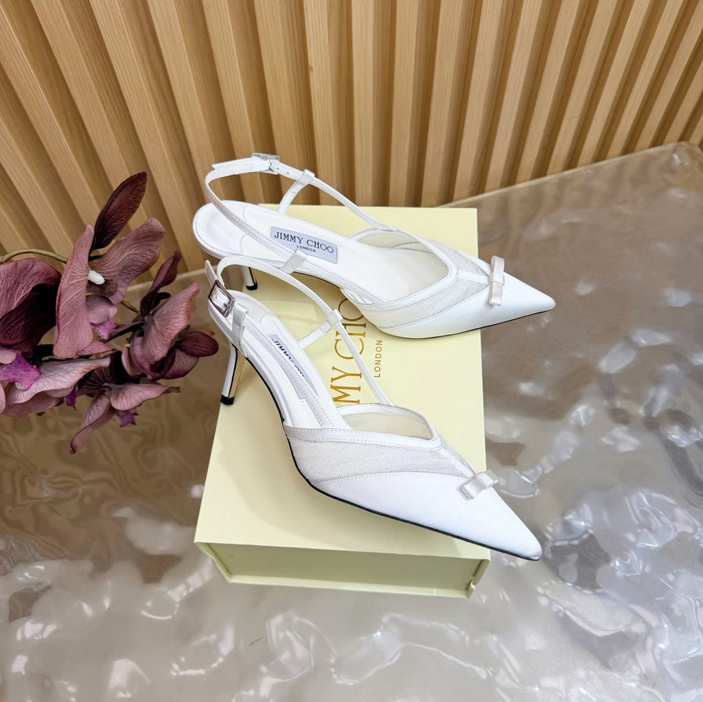 JIMMY CHOO 26S SLINGBACK HEELS 65 MM IN WHITE MESH AND SATIN