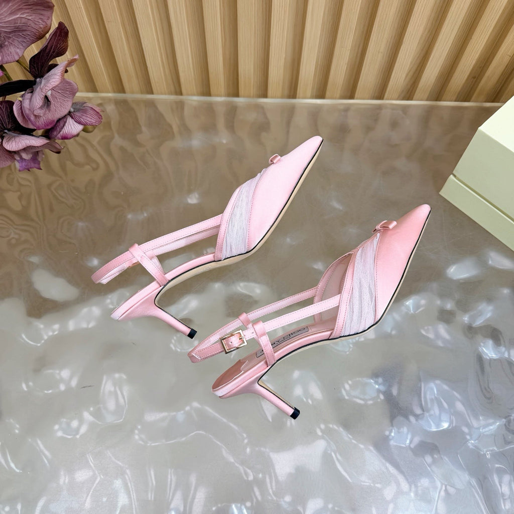 JIMMY CHOO 26S SLINGBACK HEELS 65 MM IN LIGHT PINK MESH AND SATIN