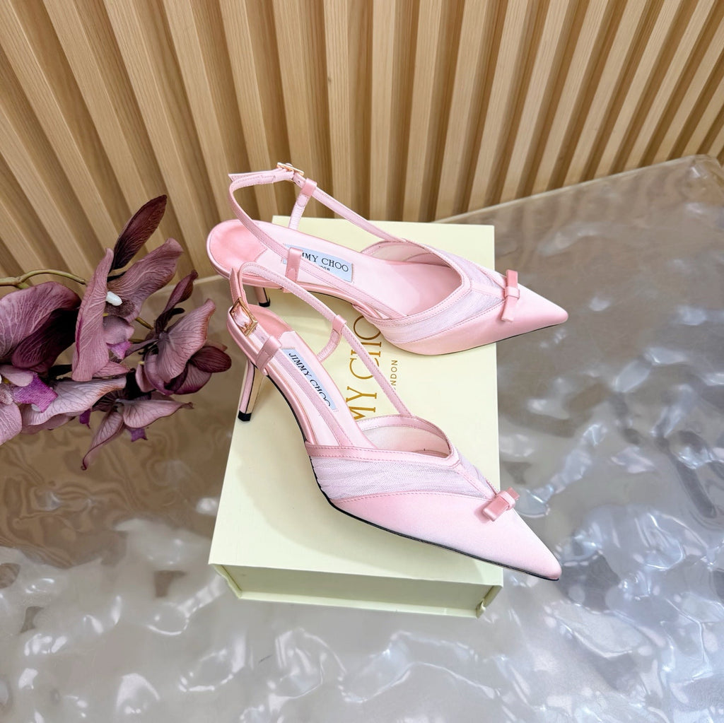 JIMMY CHOO 26S SLINGBACK HEELS 65 MM IN LIGHT PINK MESH AND SATIN