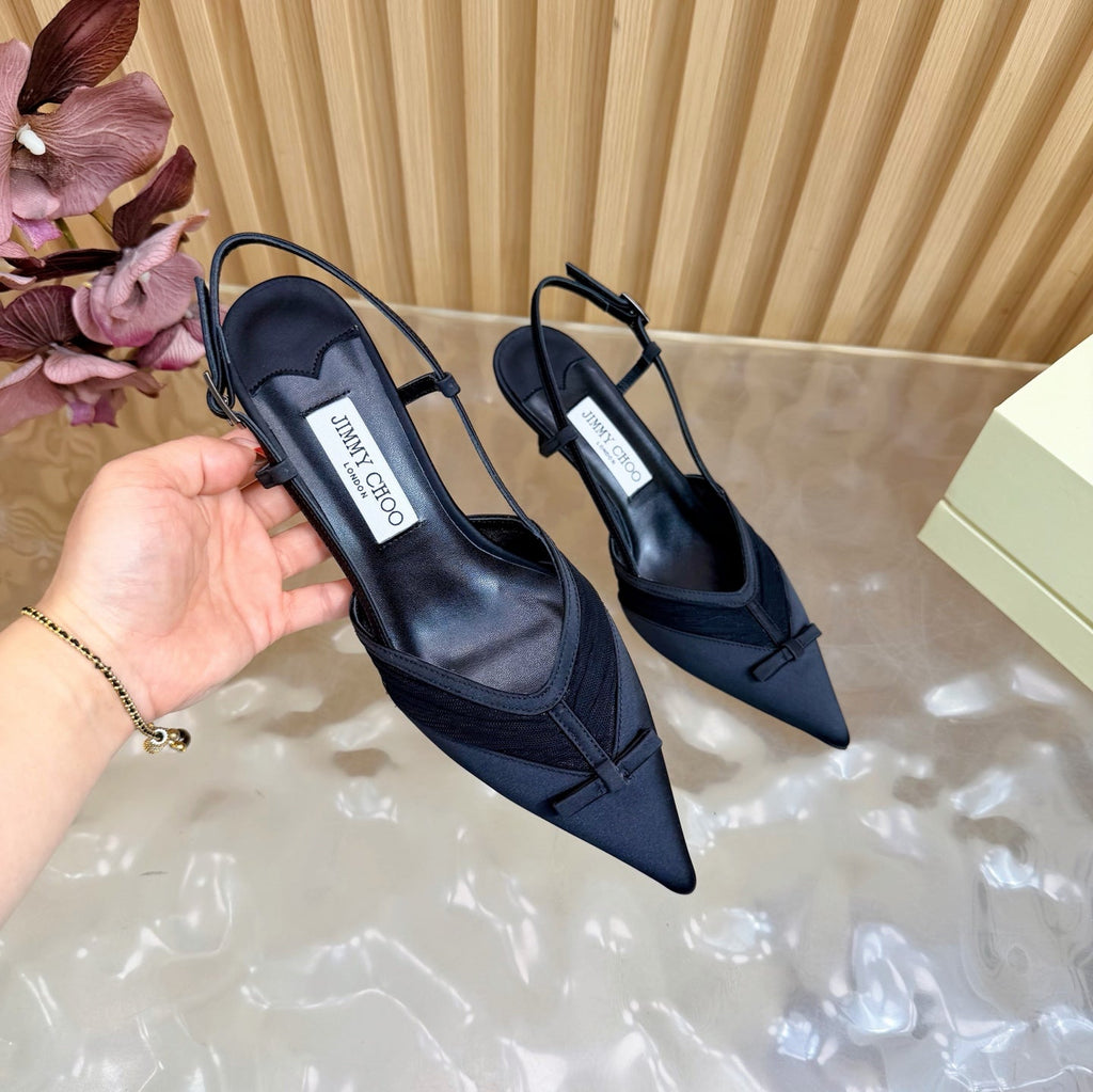 JIMMY CHOO 26S SLINGBACK HEELS 65 MM IN BLACK MESH AND SATIN