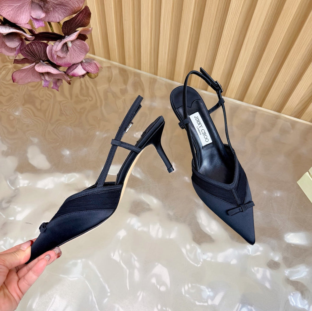 JIMMY CHOO 26S SLINGBACK HEELS 65 MM IN BLACK MESH AND SATIN