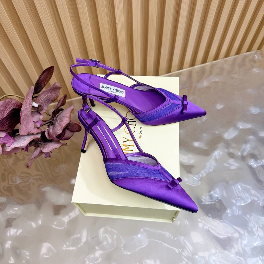 JIMMY CHOO 26S SLINGBACK HEELS 65 MM IN DARK PURPLE MESH AND SATIN