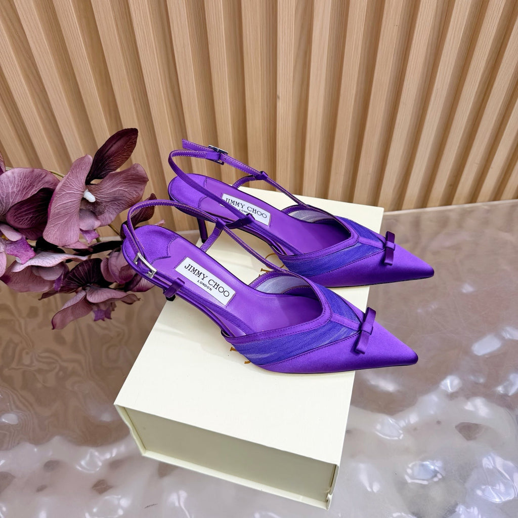 JIMMY CHOO 26S SLINGBACK HEELS 65 MM IN DARK PURPLE MESH AND SATIN