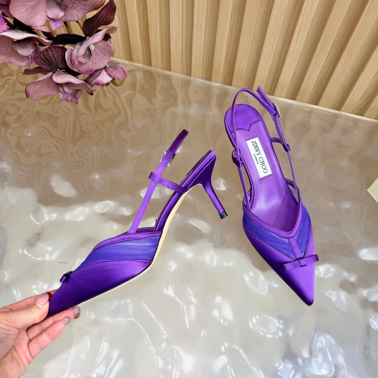 JIMMY CHOO 26S SLINGBACK HEELS 65 MM IN DARK PURPLE MESH AND SATIN