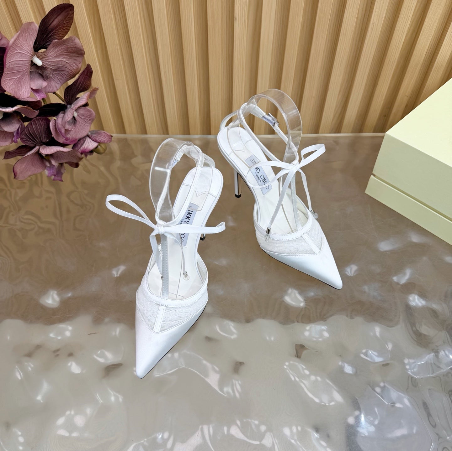 JIMMY CHOO 26S HIGH HEELS 105 MM IN WHITE MESH AND SATIN