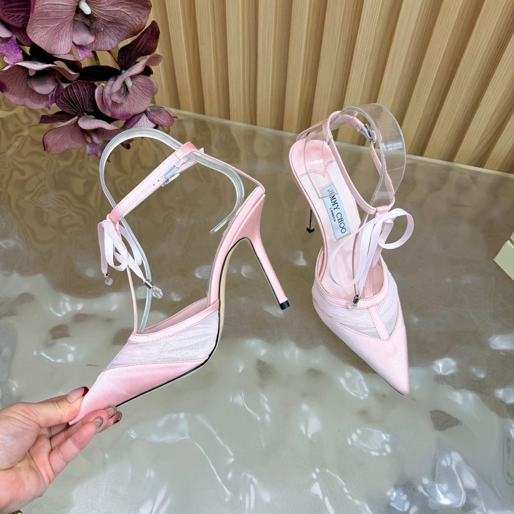 JIMMY CHOO 26S HIGH HEELS 105 MM IN LIGHT PINK MESH AND SATIN