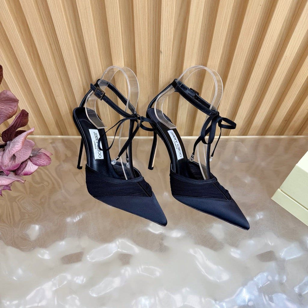 JIMMY CHOO 26S HIGH HEELS 105 MM IN BLACK MESH AND SATIN