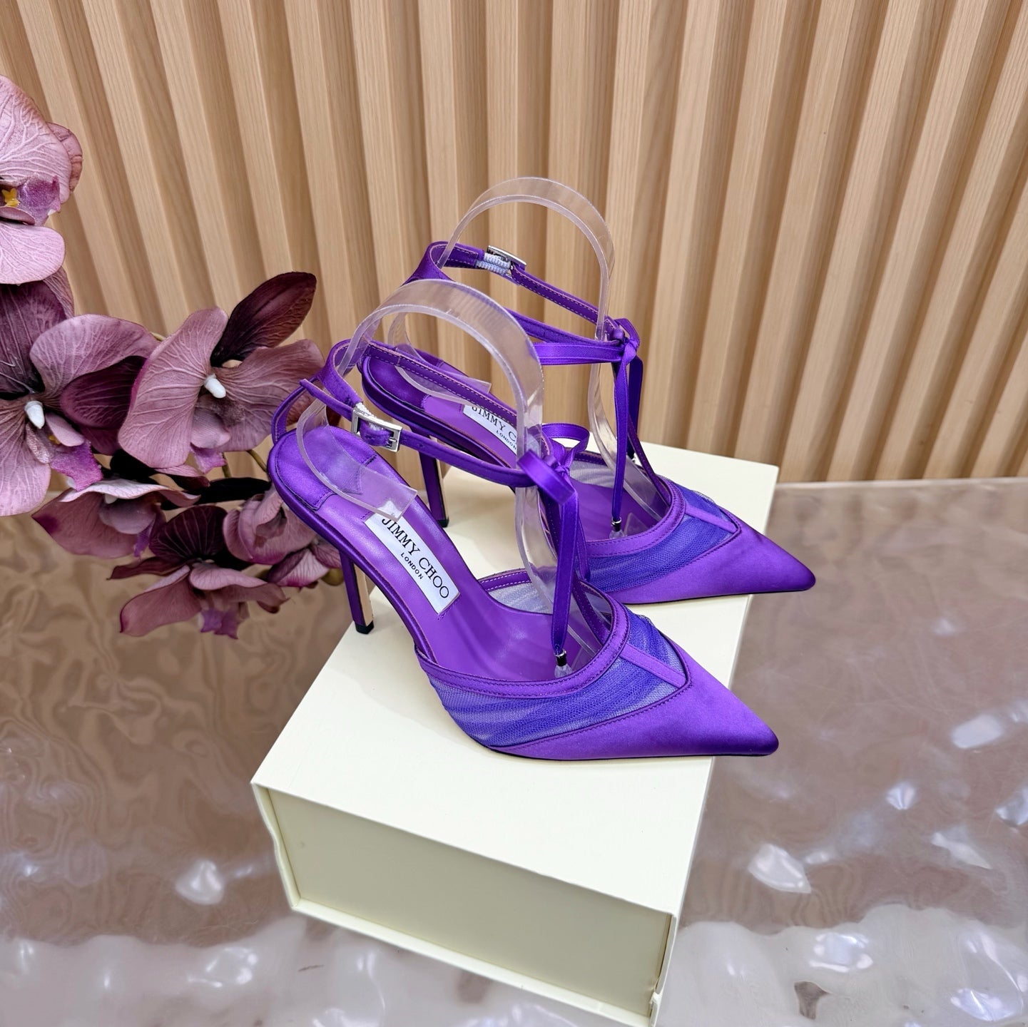 JIMMY CHOO 26S HIGH HEELS 105 MM IN DARK PURPLE MESH AND SATIN