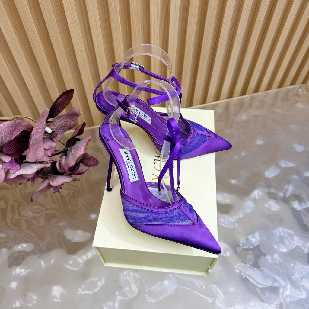 JIMMY CHOO 26S HIGH HEELS 105 MM IN DARK PURPLE MESH AND SATIN