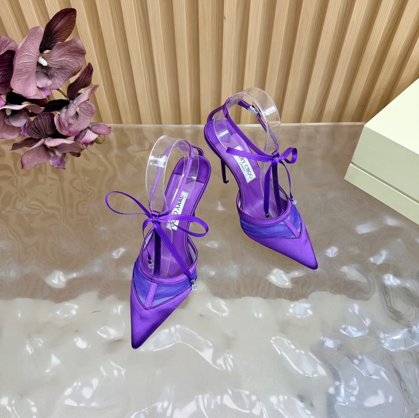 JIMMY CHOO 26S HIGH HEELS 105 MM IN DARK PURPLE MESH AND SATIN