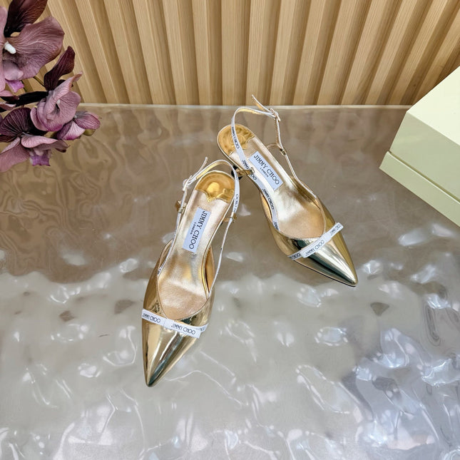 JIMMY CHOO 26S SLINGBACK HEELS 65 MM IN GOLD PATENT CALFSKIN