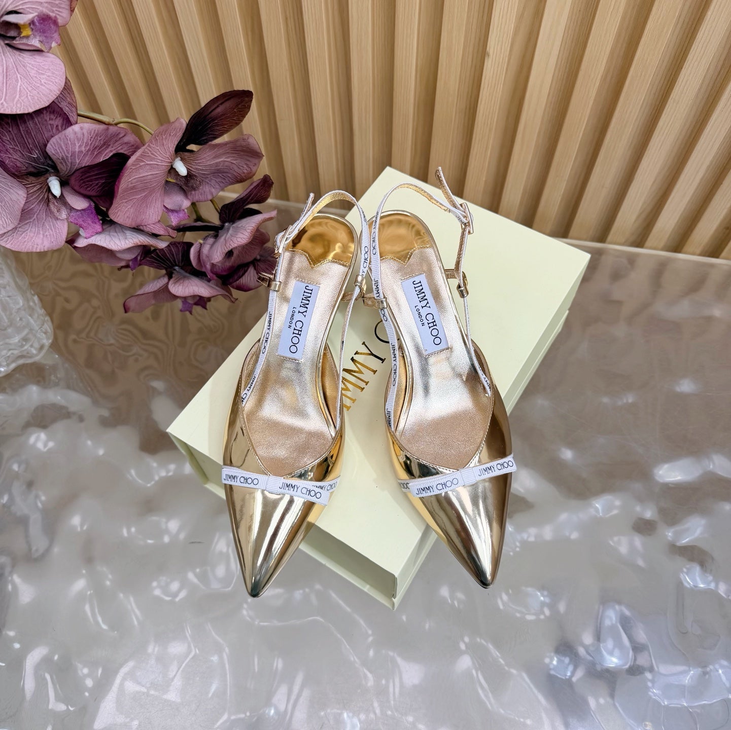 JIMMY CHOO 26S SLINGBACK HEELS 65 MM IN GOLD PATENT CALFSKIN