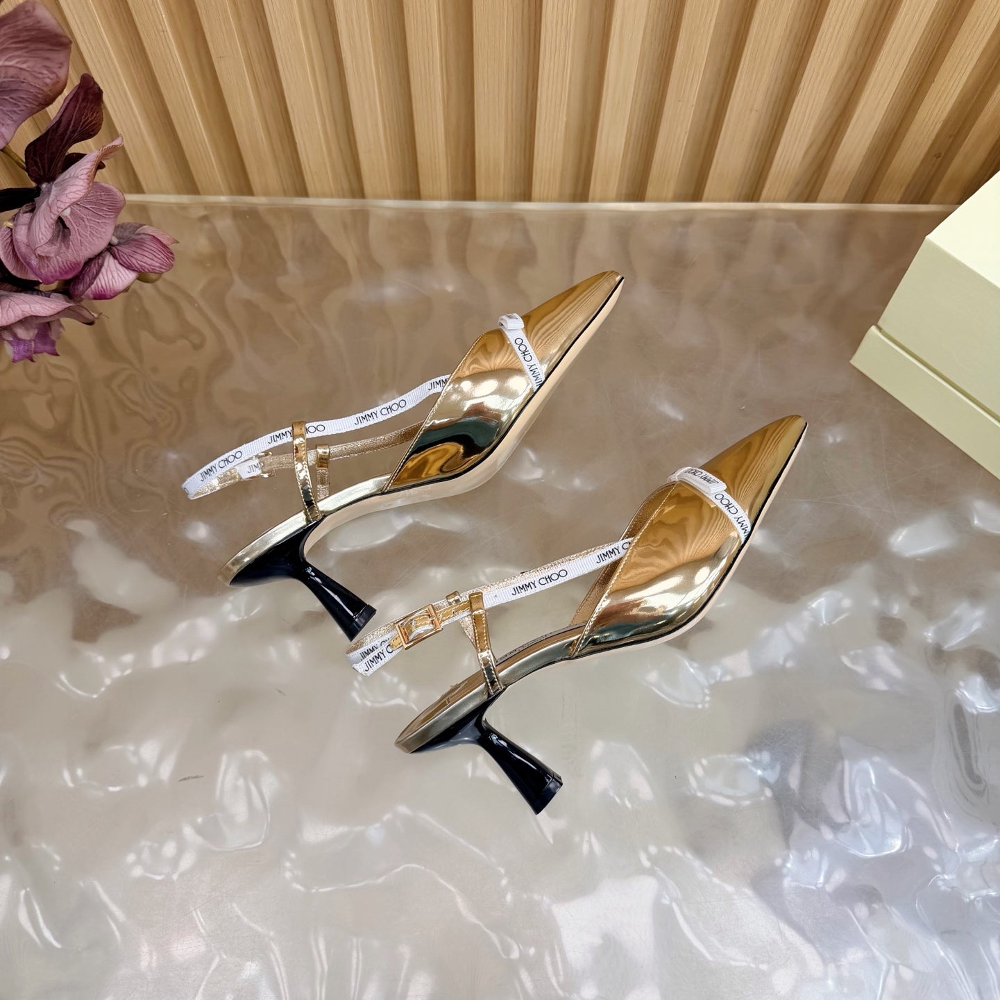 JIMMY CHOO 26S SLINGBACK HEELS 65 MM IN GOLD PATENT CALFSKIN