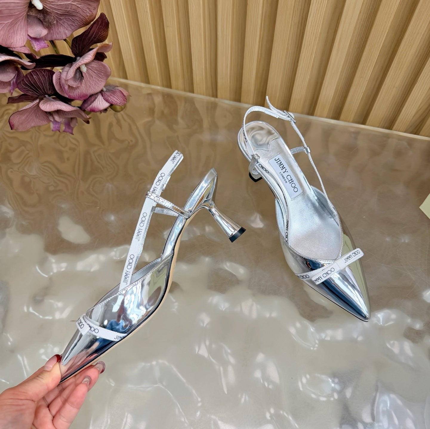 JIMMY CHOO 26S SLINGBACK HEELS 65 MM IN SILVER PATENT CALFSKIN