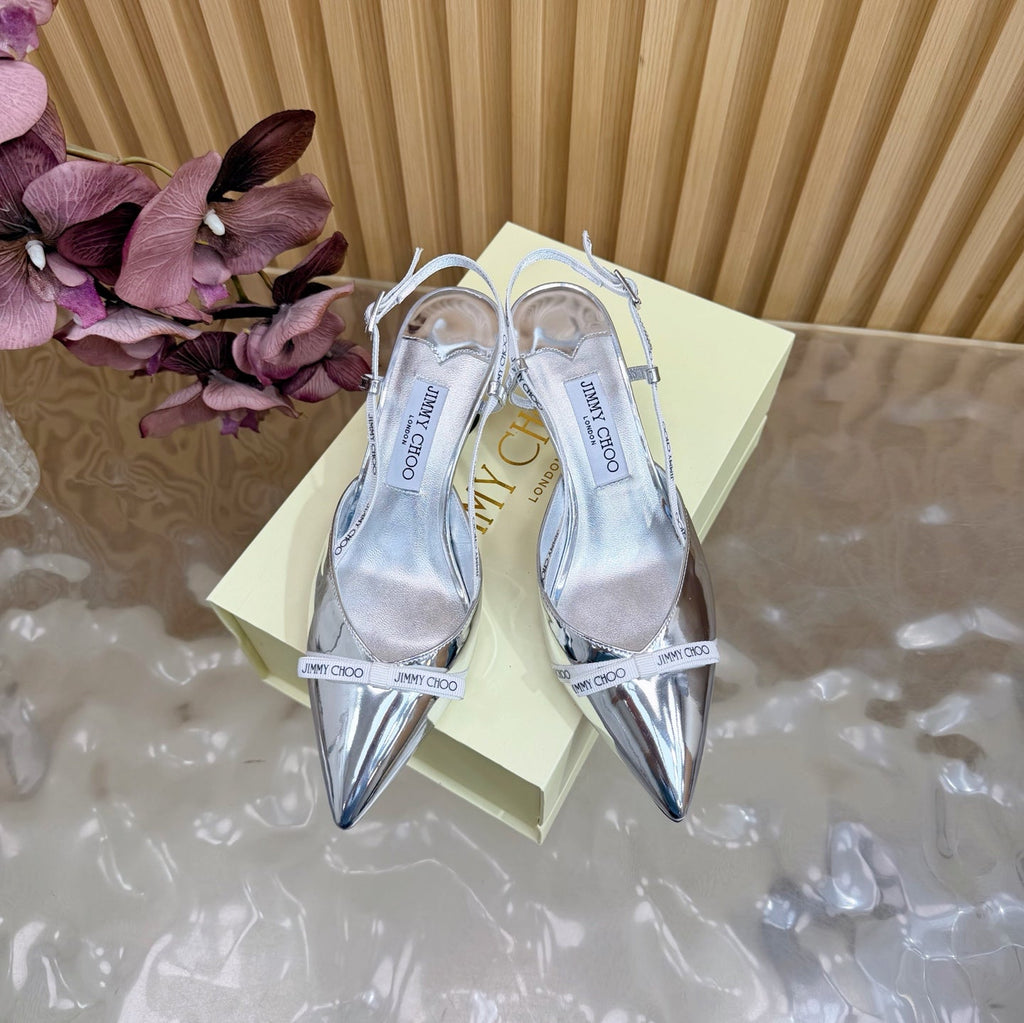JIMMY CHOO 26S SLINGBACK HEELS 65 MM IN SILVER PATENT CALFSKIN
