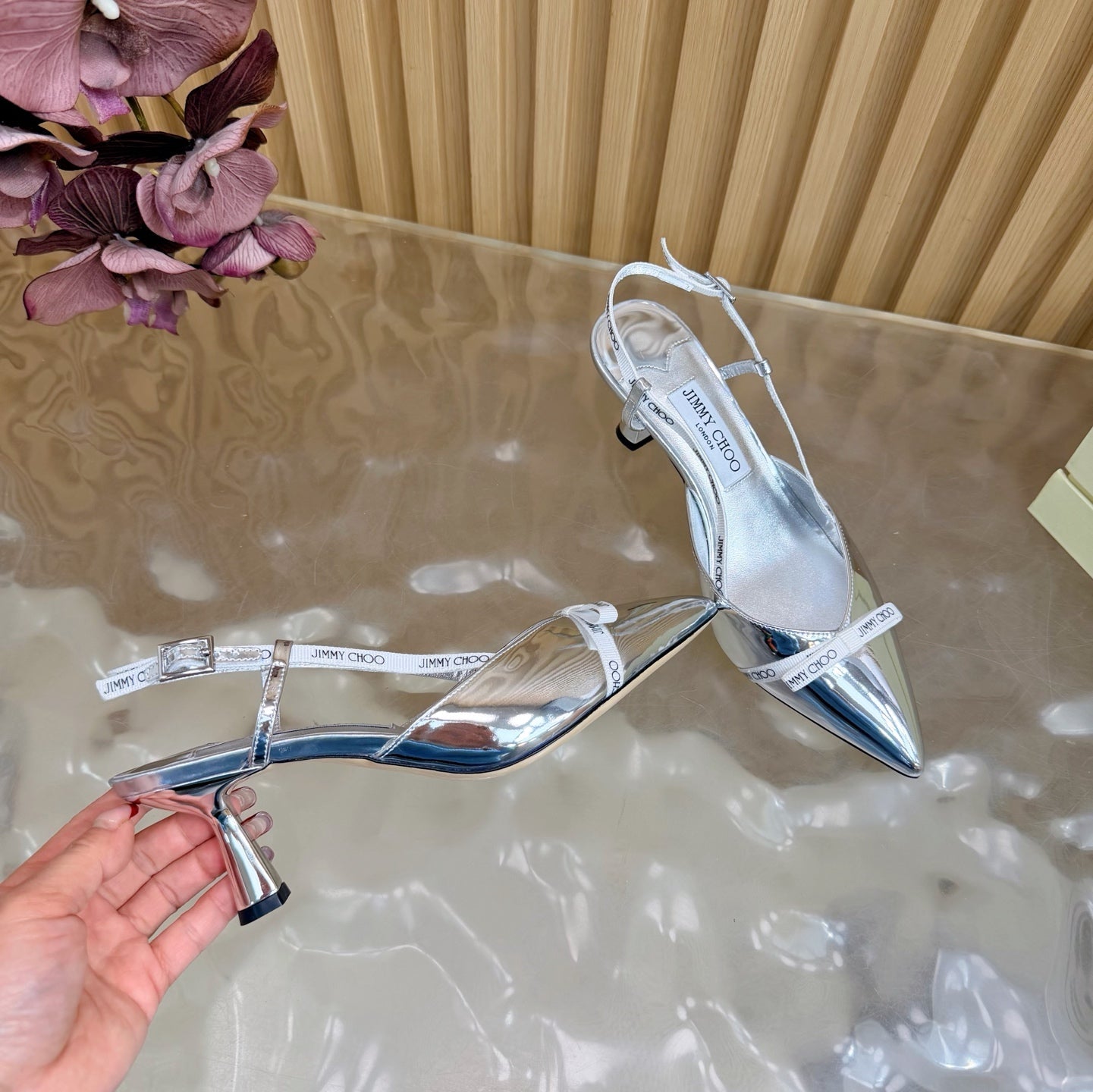 JIMMY CHOO 26S SLINGBACK HEELS 65 MM IN SILVER PATENT CALFSKIN
